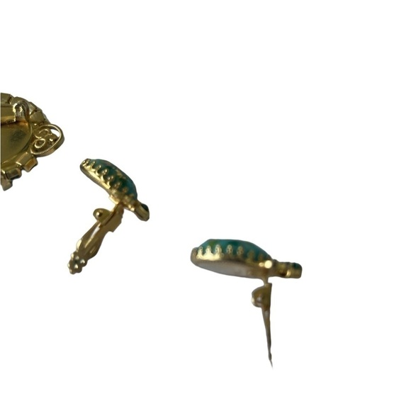 Vintage Brooch and Clip Earrings Set Green and Aqua Rhinestone rare 1960s - Picture 5 of 13